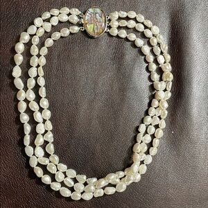 NEW Triple Strand Freshwater Pearl Necklace with Abalone Clasp.